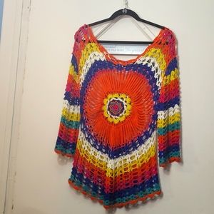 CROCHET MULTICOLOR FLOWER in middle of shirt long sleeve HANDMADE